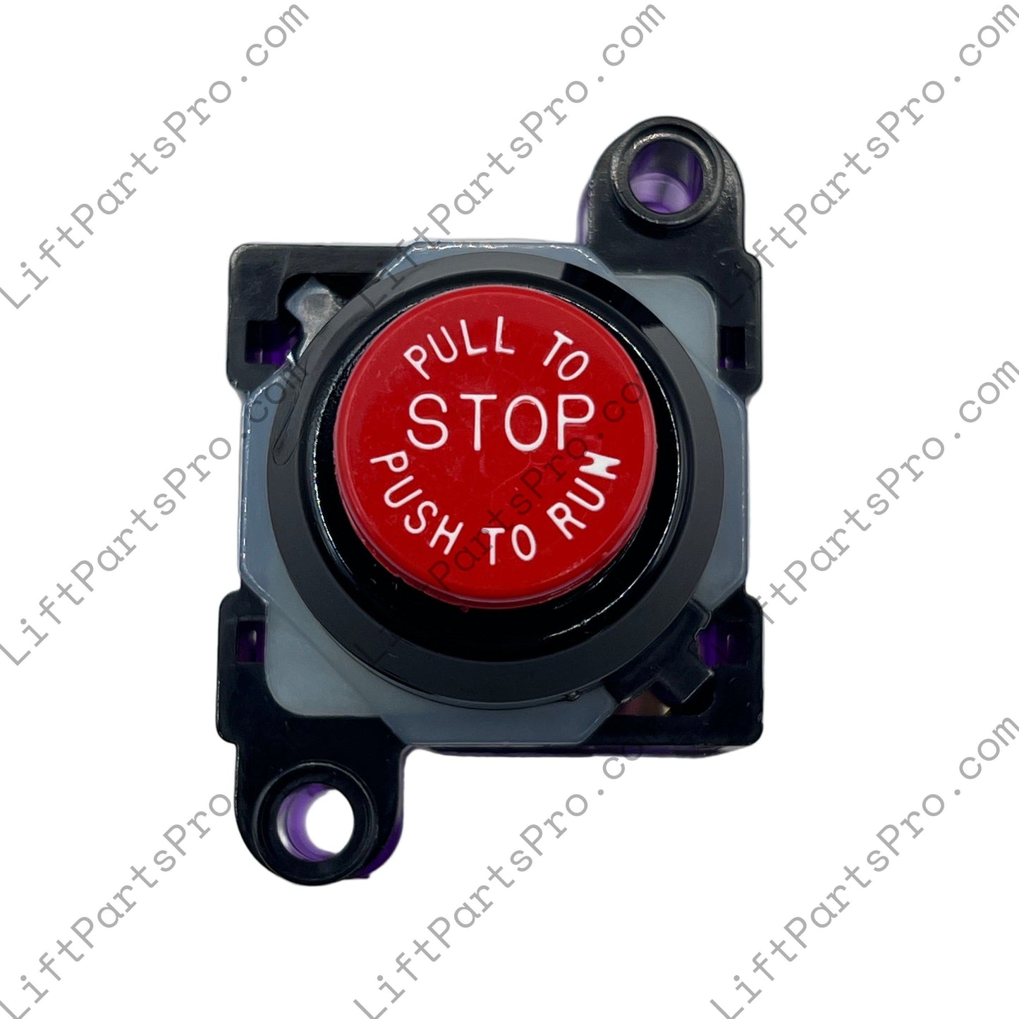 Red button with 'Pull to Stop, Push to Run' text on a white background