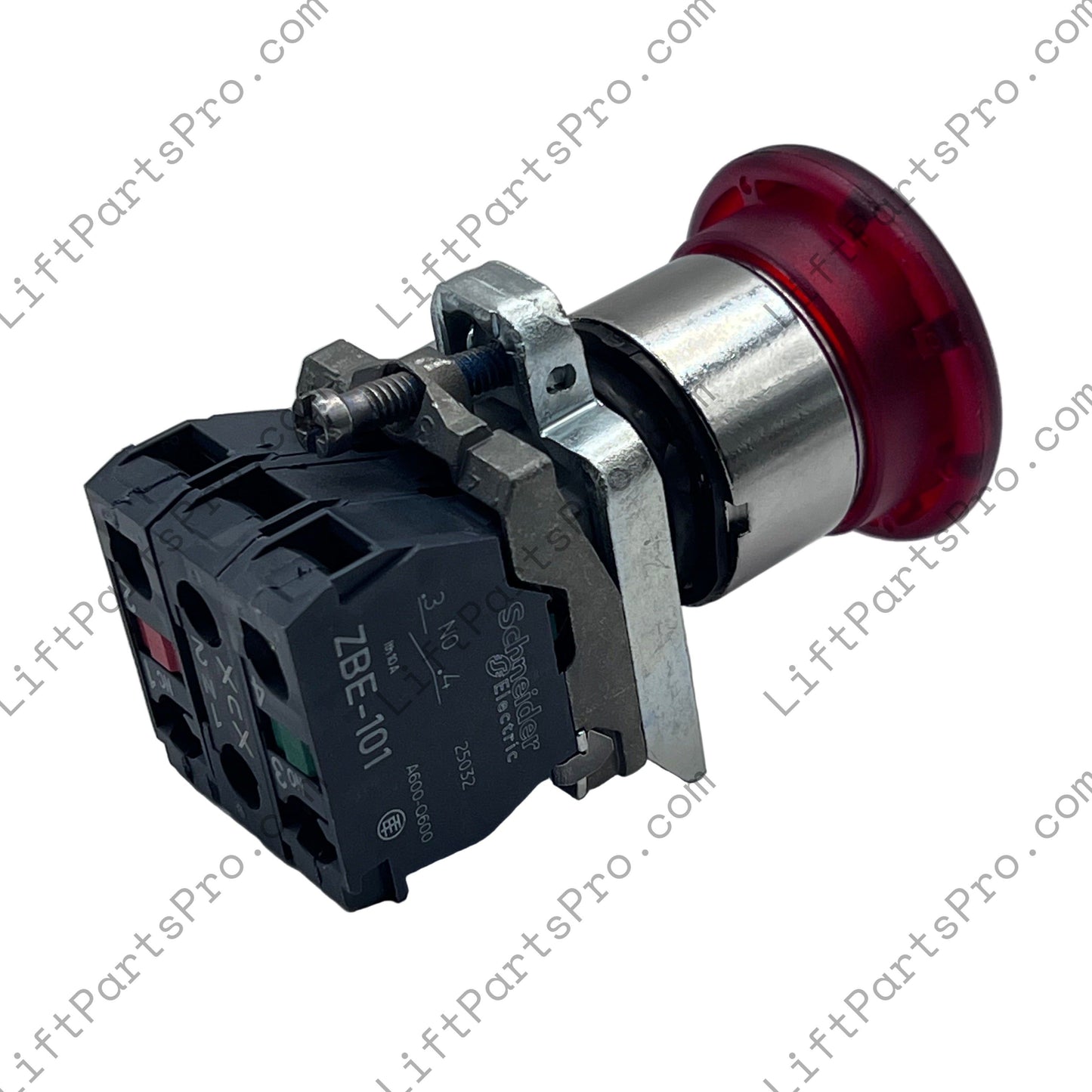 Mechanical switch with red button on a white background