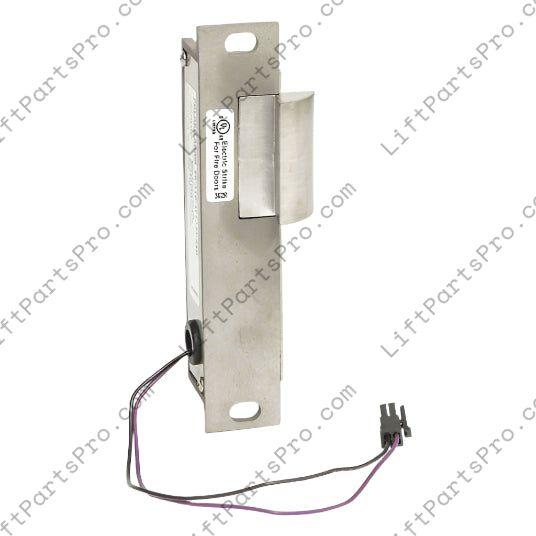 Metallic door strike with wiring on a white background