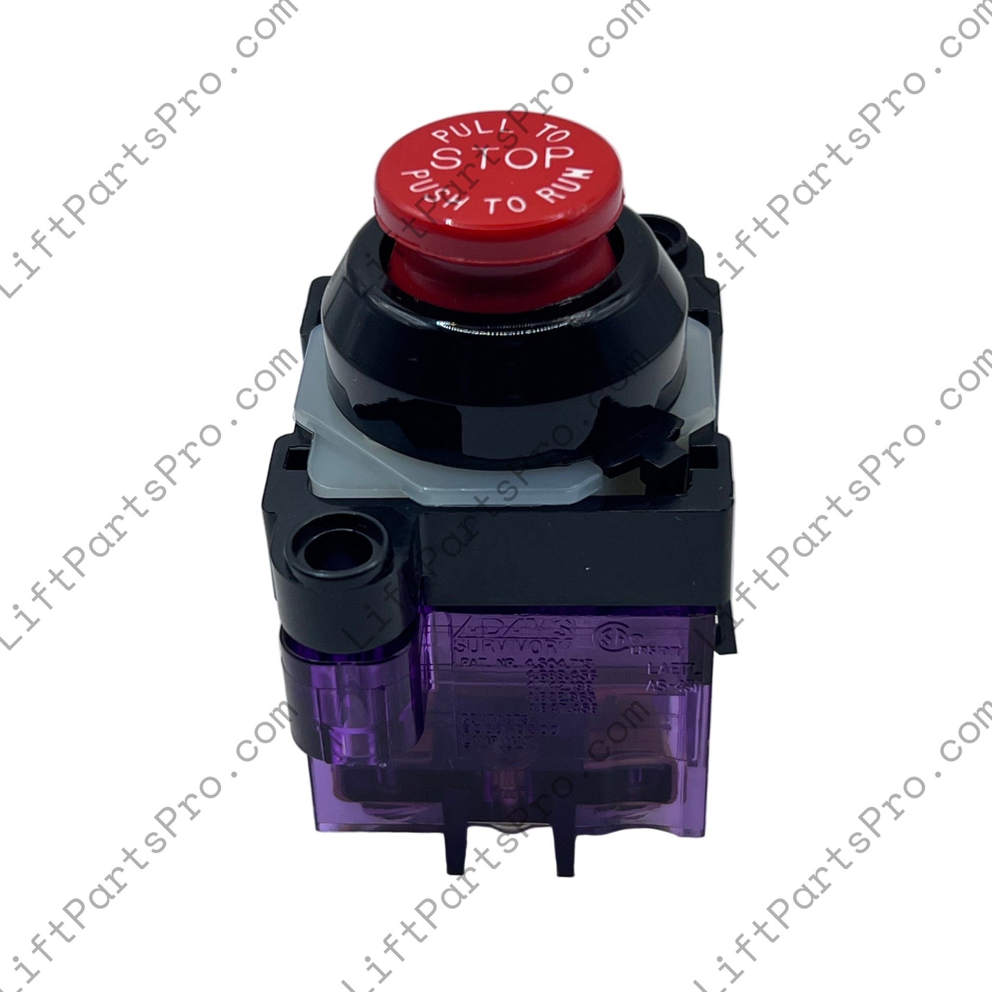 Red button labeled 'Stop' on a black and purple mechanical switch against a white background