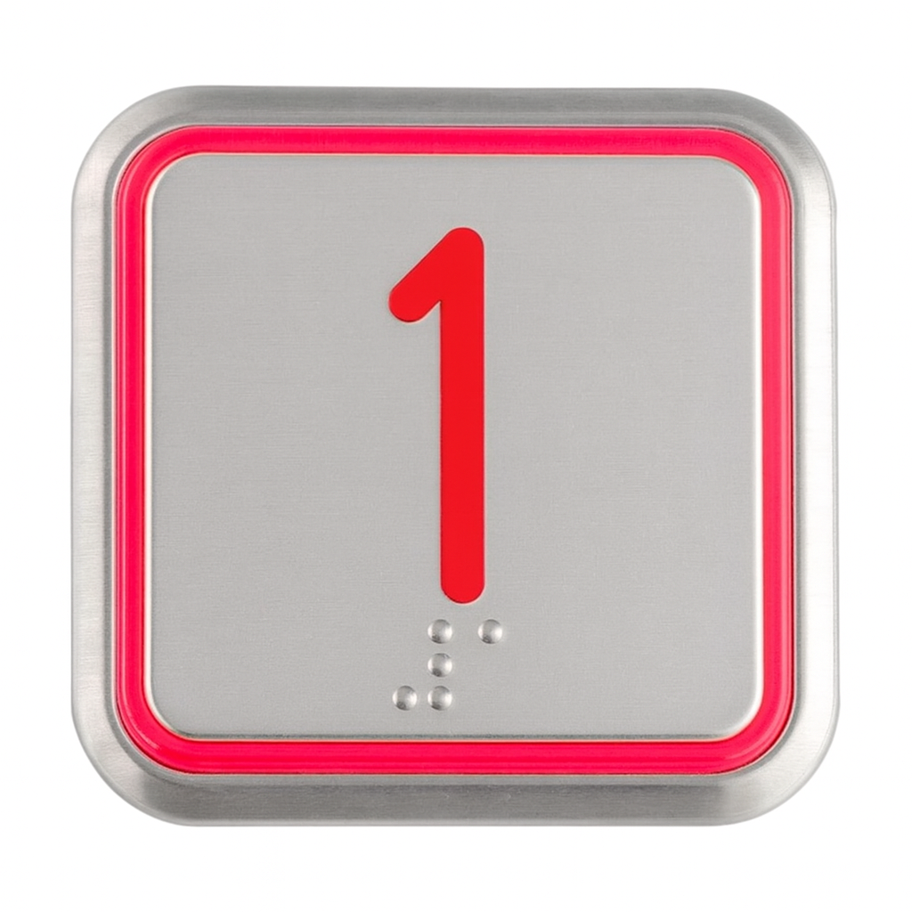 Square COP Button for National Wheel-O-Vator Evolution Lifts, 2.25" x 2.25", Stainless Steel, Red Illumination, 24V AC/DC