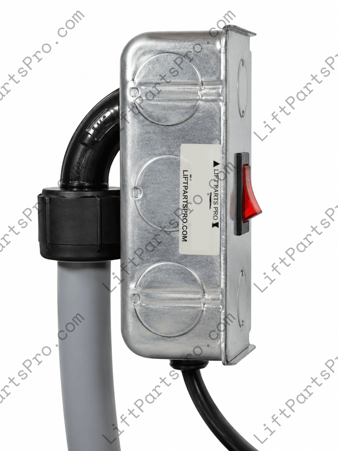 Close-up of hydraulic elevator oil tank heater handy-box with illuminated rocker switch