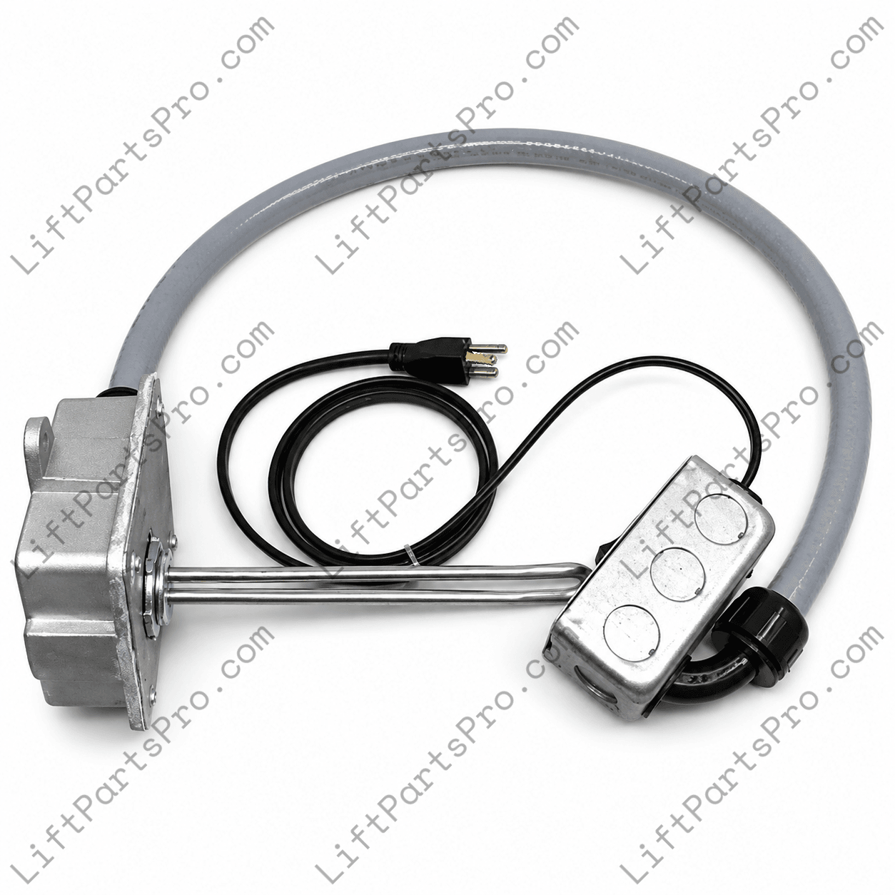Hydraulic elevator tank heater with 250 watt heating element and illuminated switch