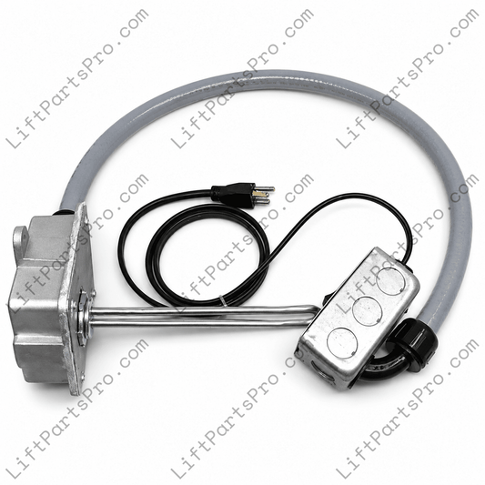 Hydraulic elevator tank heater with 250 watt heating element and illuminated switch