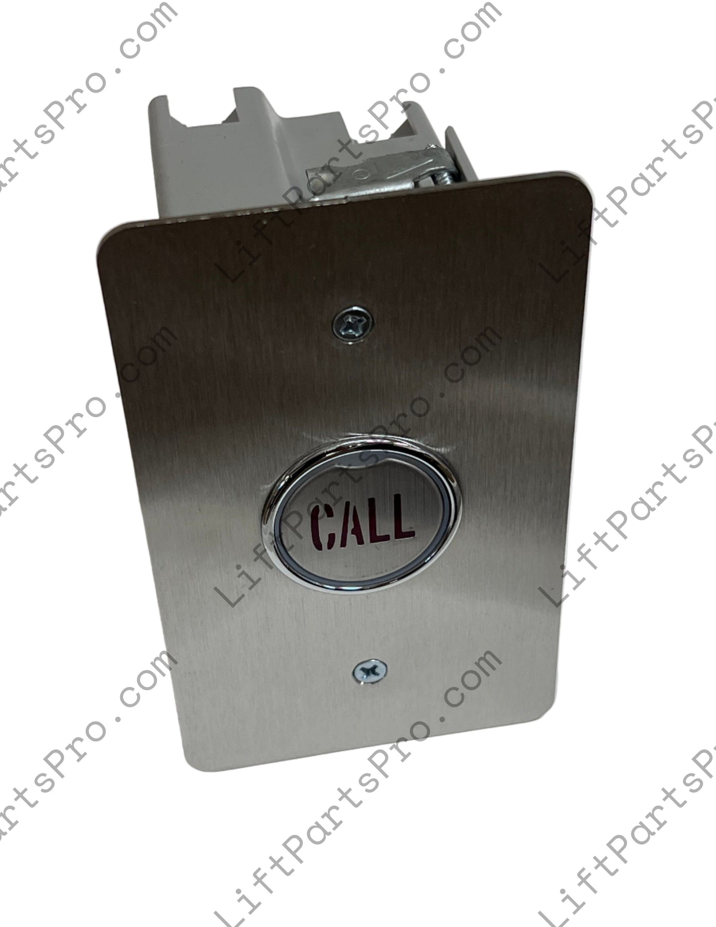 Hall call station with stainless steel faceplate and gray plastic box visible.