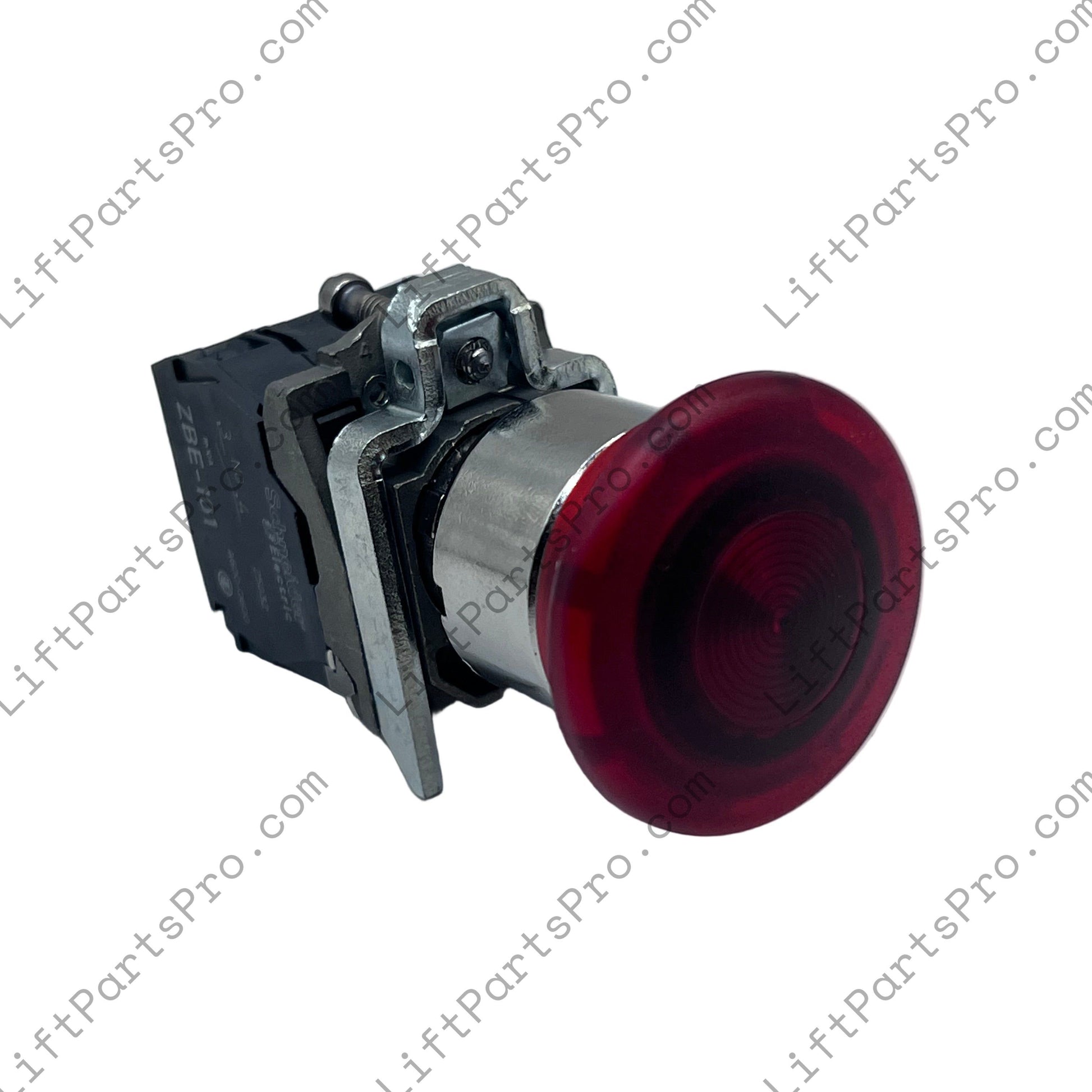 Red button switch on a white background