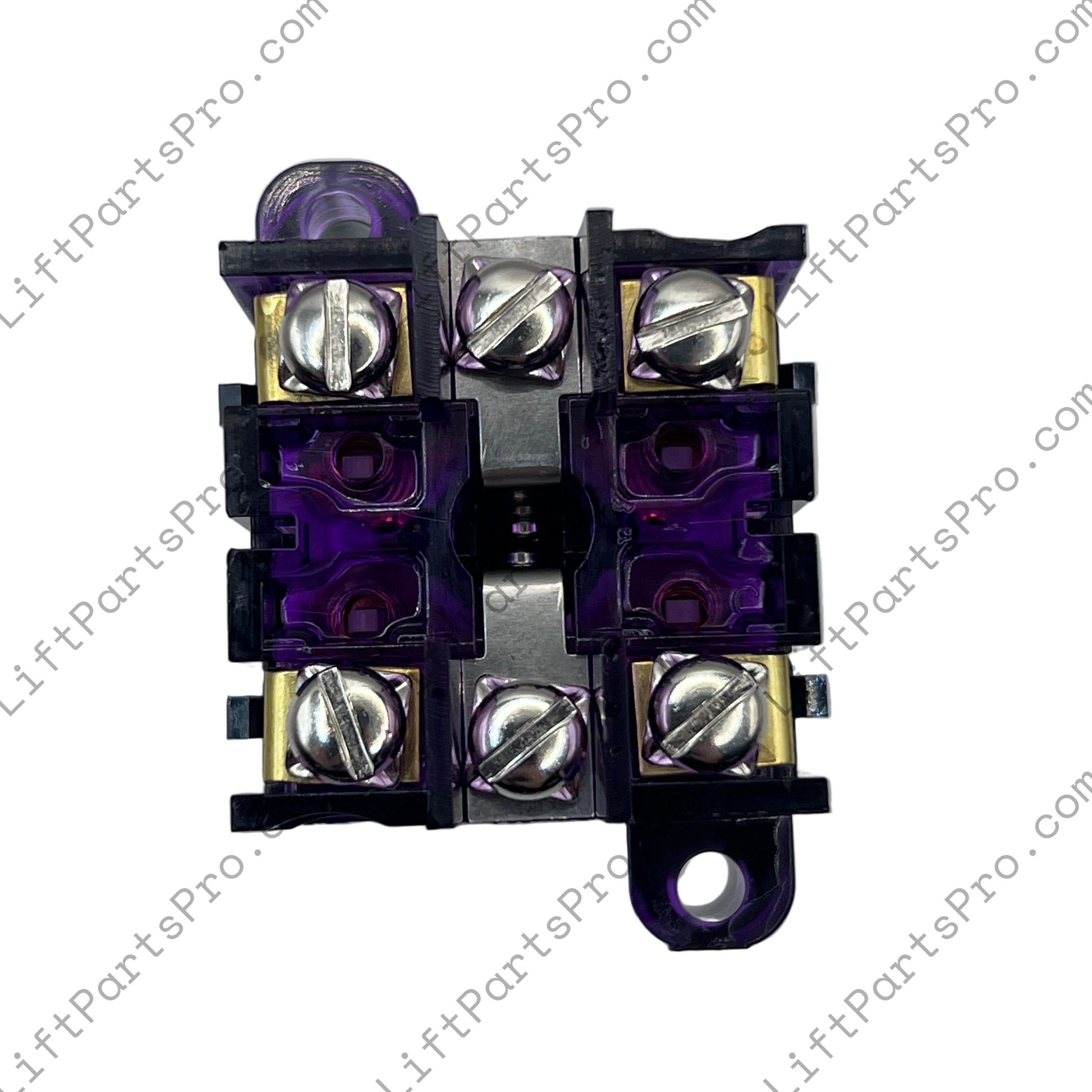 Electrical component with purple and black housing on a white background