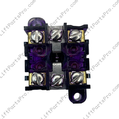 Electrical component with purple and black housing on a white background