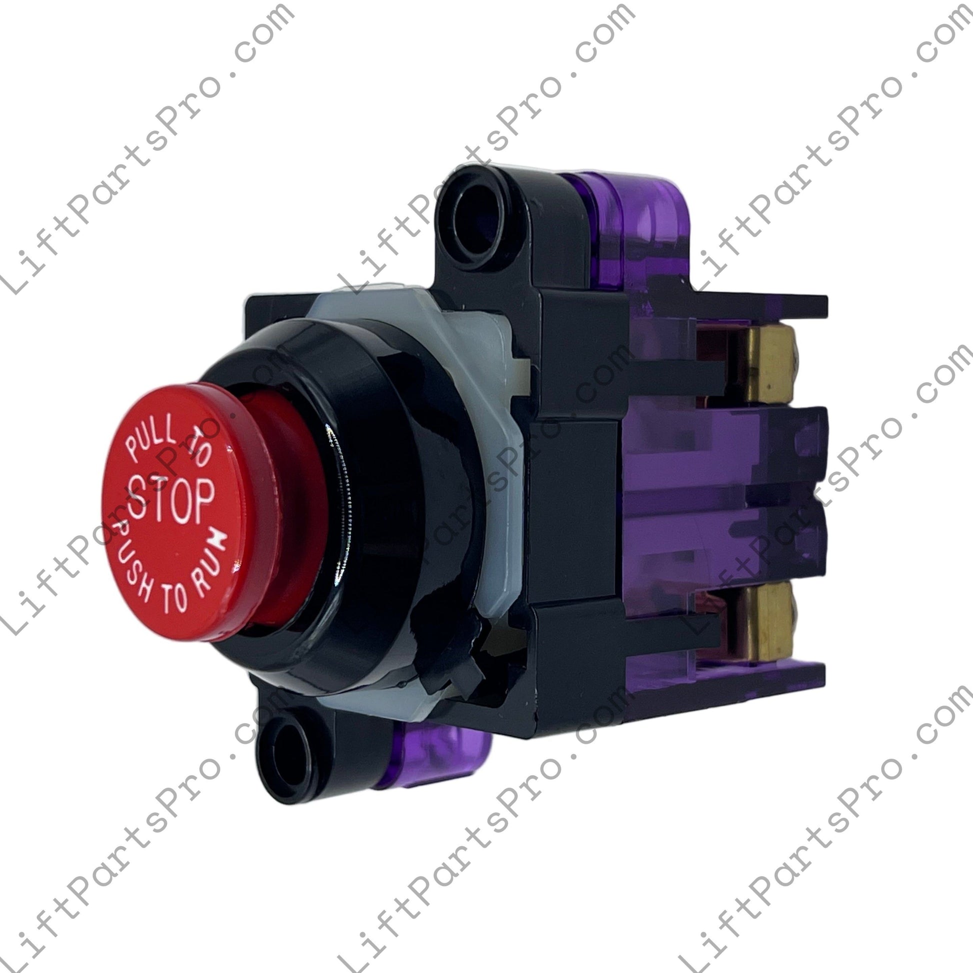 Control panel with a red button labeled 'PULL TO STOP' on a white background