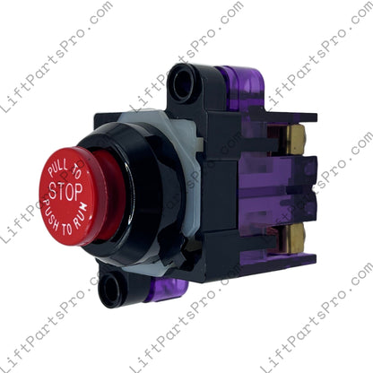 Control panel with a red button labeled 'PULL TO STOP' on a white background