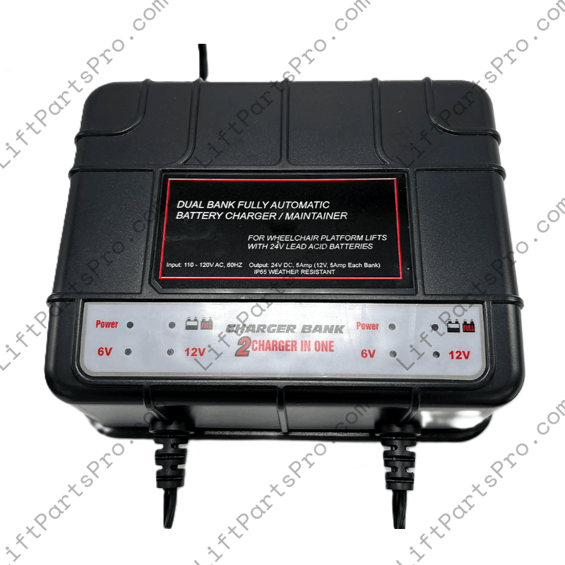 Black battery charger with label on a white background