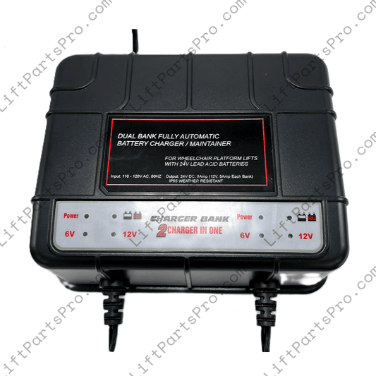 Black battery charger with label on a white background