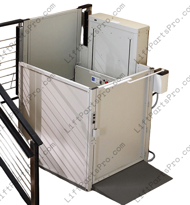 Platform lift in a home setting with a beige wall and wooden floor.