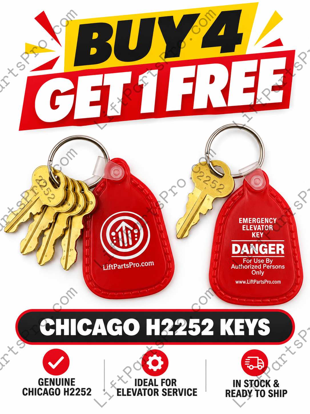 Chicago H2252 elevator keys – Buy 4, Get 1 Free promotion from Lift Parts Pro