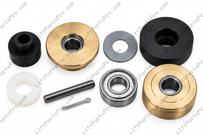 Complete five-piece carriage roller wheel rebuild kit for select Concord Liberty stair lifts, featuring all five bearing wheel configurations used in the carriage.