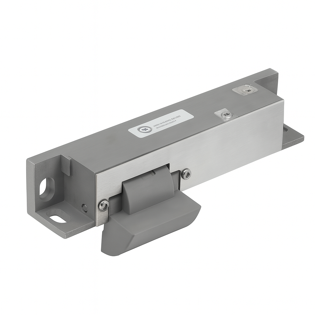 Metallic door lock mechanism on a white background