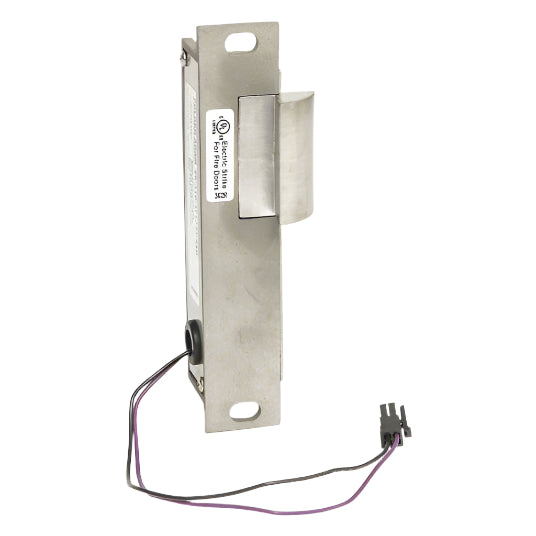 Metallic door strike with wiring on a white background