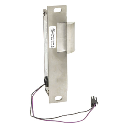 Metallic door strike with wiring on a white background