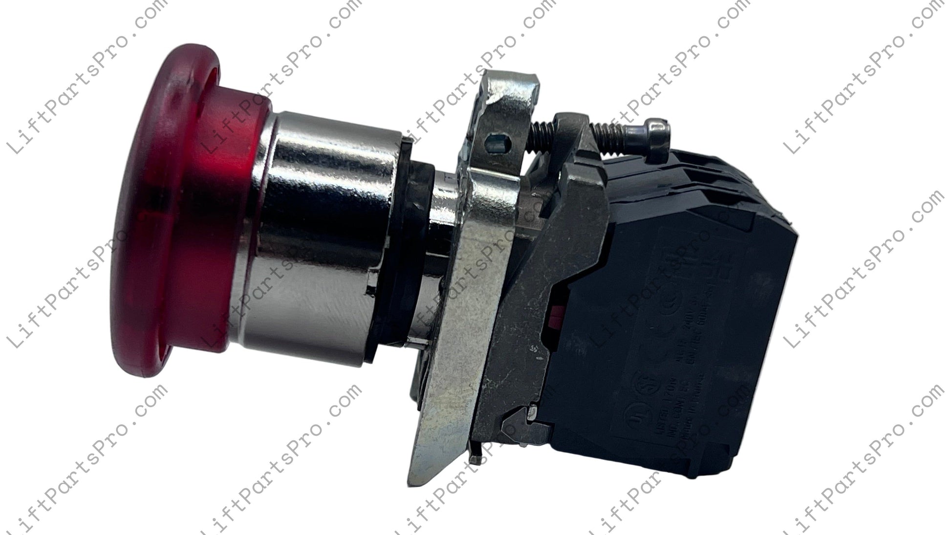 Mechanical switch with red button on a white background