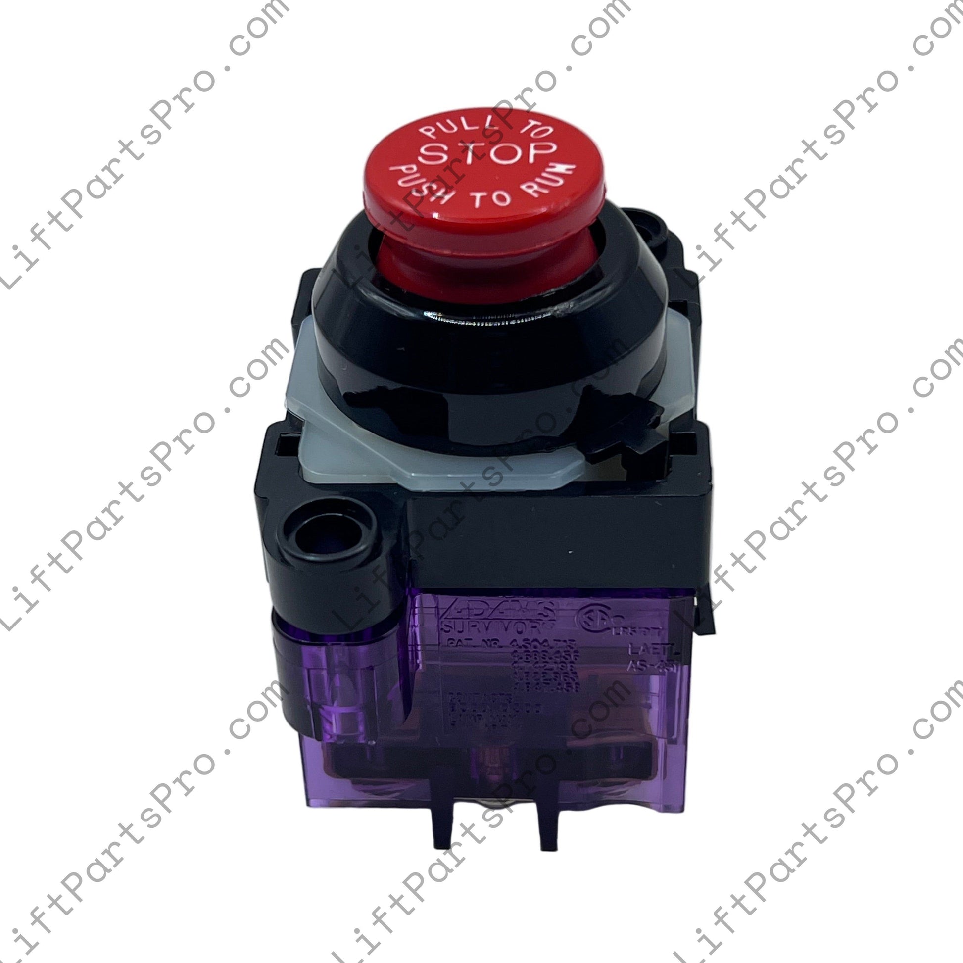 Red button labeled 'Stop' on a black and purple mechanical switch against a white background