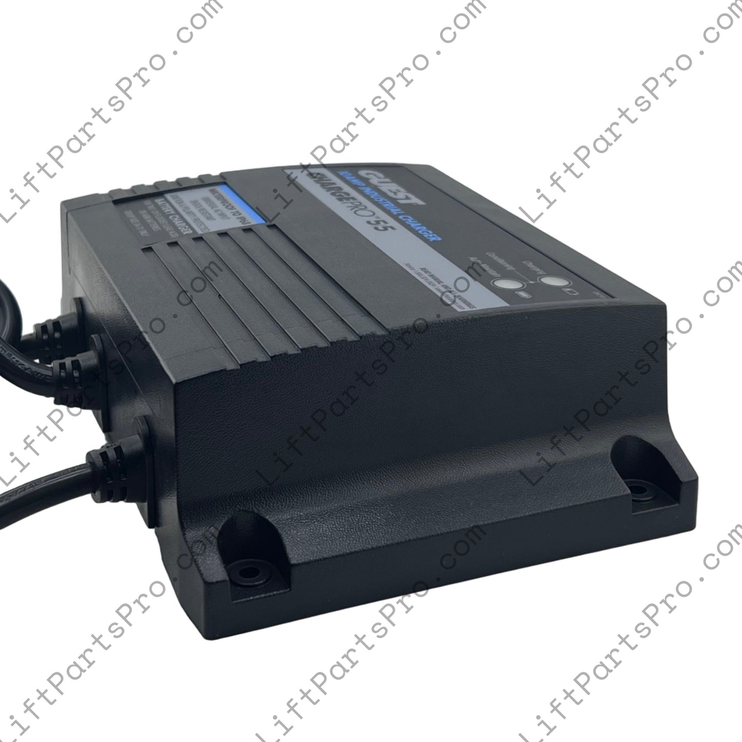 Black electronic device with cables on a white background