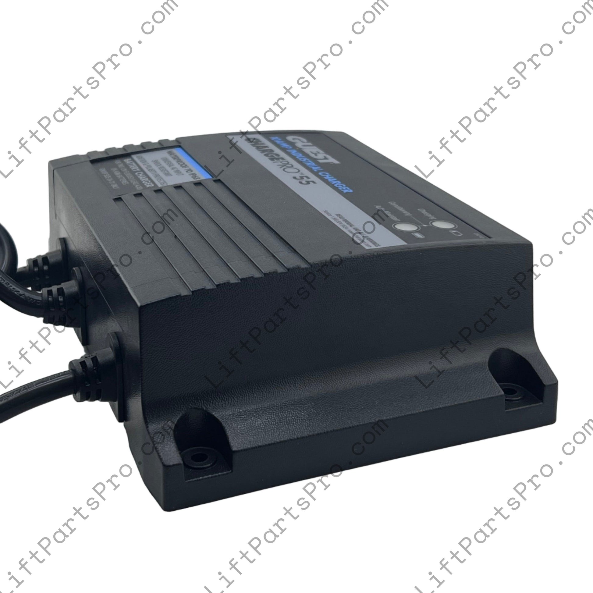 Black electronic device with cables on a white background