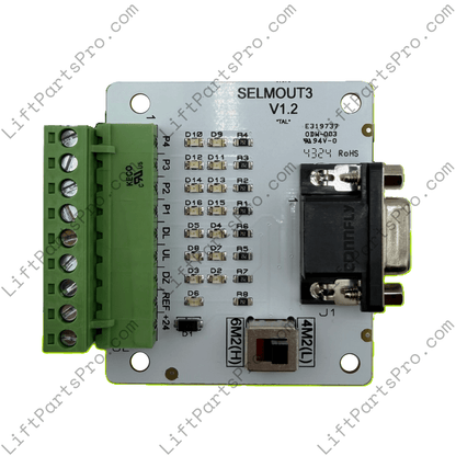 EMI Porta TAL SELMOUT3 elevator selector interface PCB front view with terminal block and 15-PIN connector