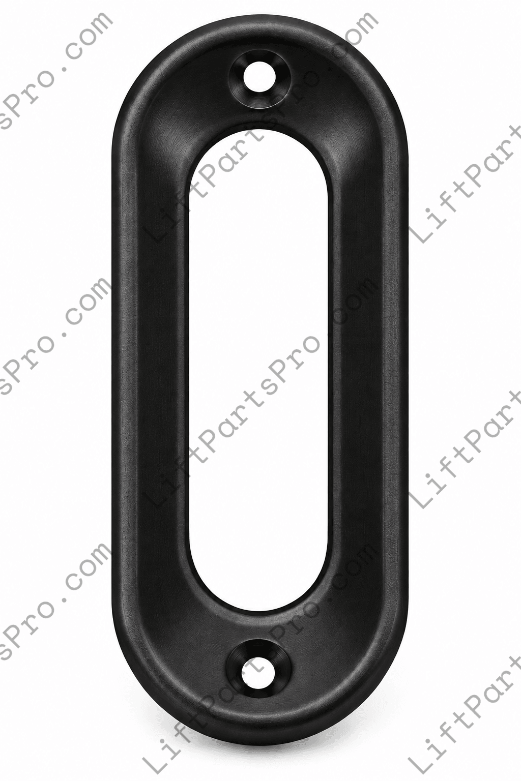 Low-profile elevator landing door flush pull with recessed finger grip in a black suede powder coat