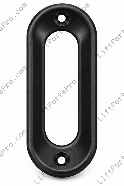 Low-profile elevator landing door flush pull with recessed finger grip in a black suede powder coat