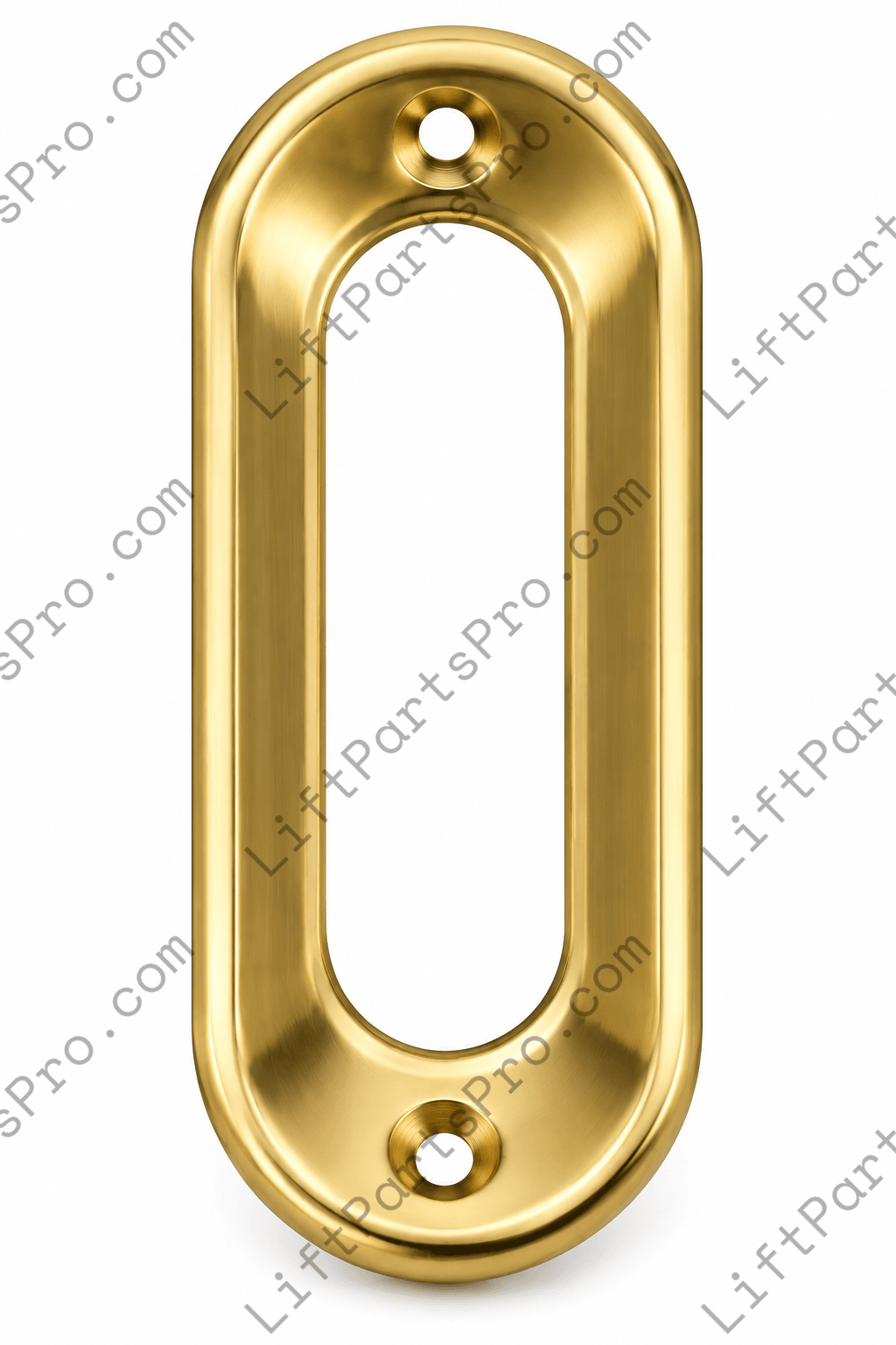 Low-profile elevator landing door flush pull with recessed finger grip in a bright brass finish
