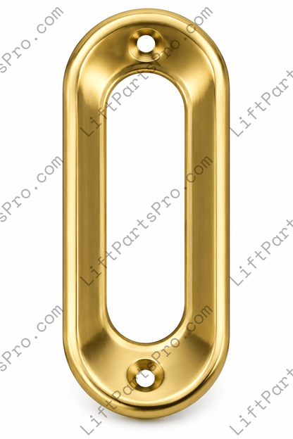 Low-profile elevator landing door flush pull with recessed finger grip in a bright brass finish