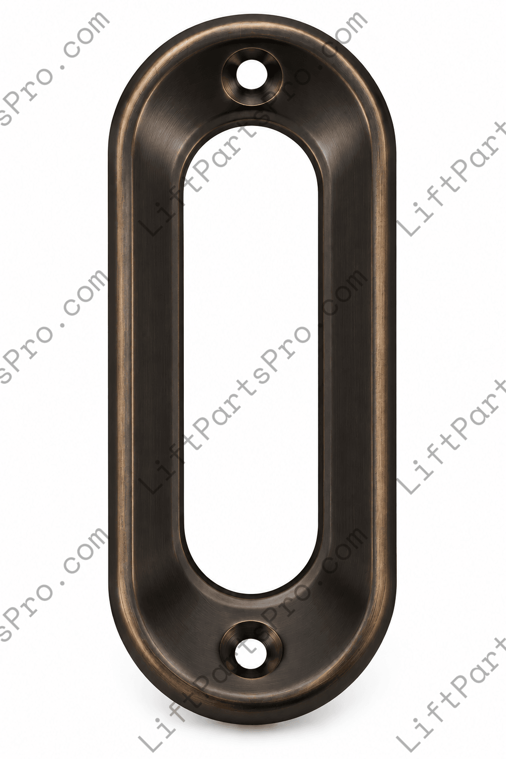 Low-profile elevator landing door flush pull with recessed finger grip in a dark oxidized bronze finish