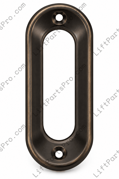 Low-profile elevator landing door flush pull with recessed finger grip in a dark oxidized bronze finish