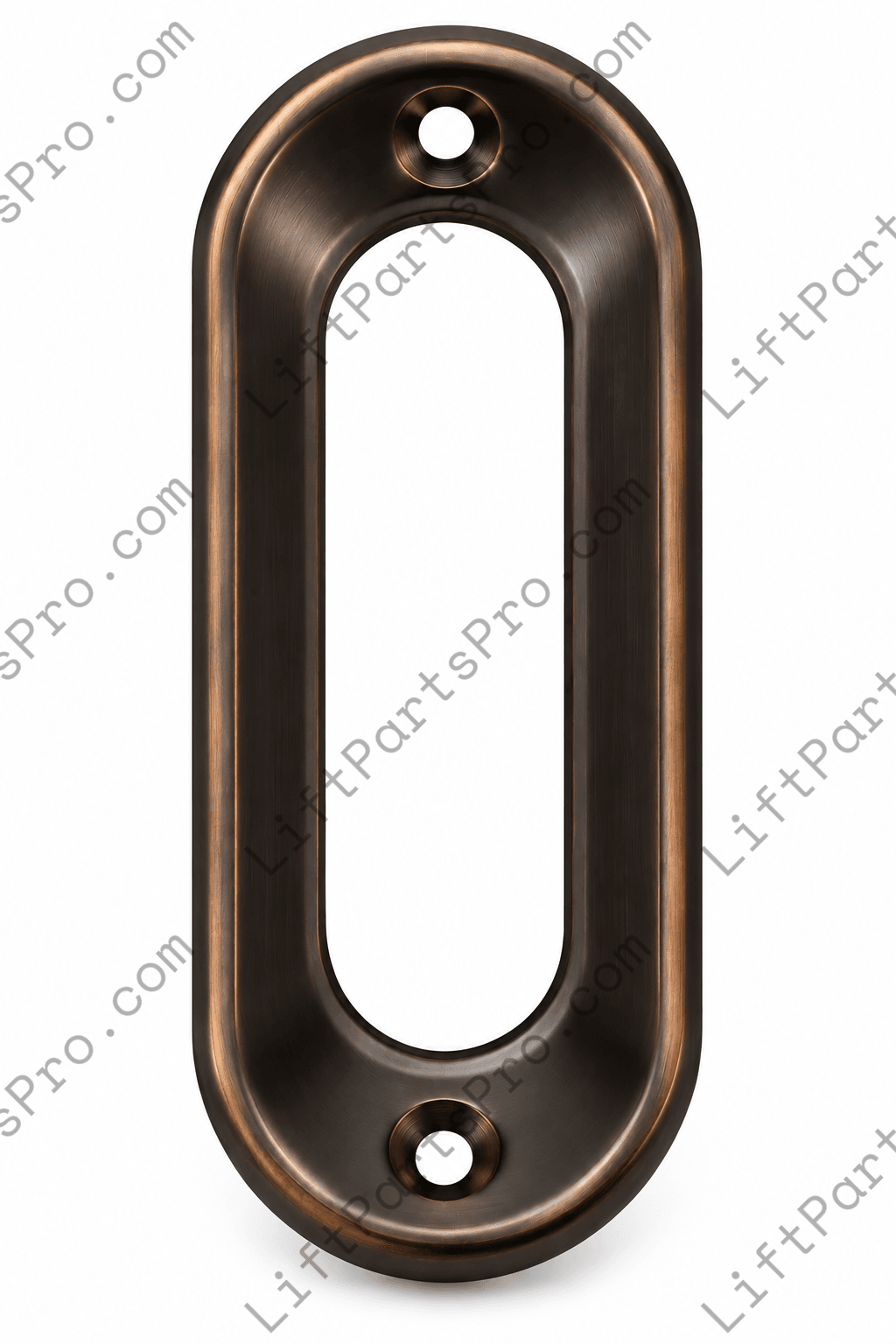 Low-profile elevator landing door flush pull with recessed finger grip in a oil-rubbed bronze finish