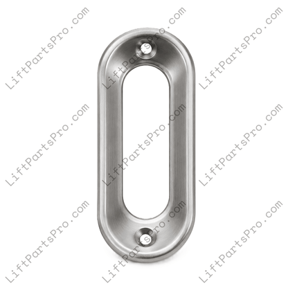 Low-profile elevator landing door flush pull with recessed finger grip in a stainless steel finish