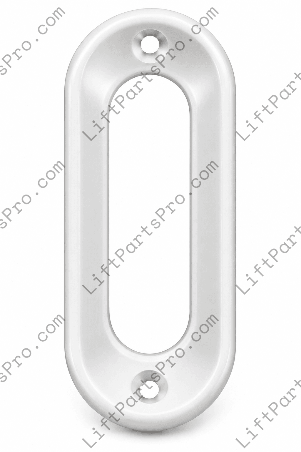 Low-profile elevator landing door flush pull with recessed finger grip in a white powder coat finish