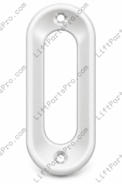 Low-profile elevator landing door flush pull with recessed finger grip in a white powder coat finish