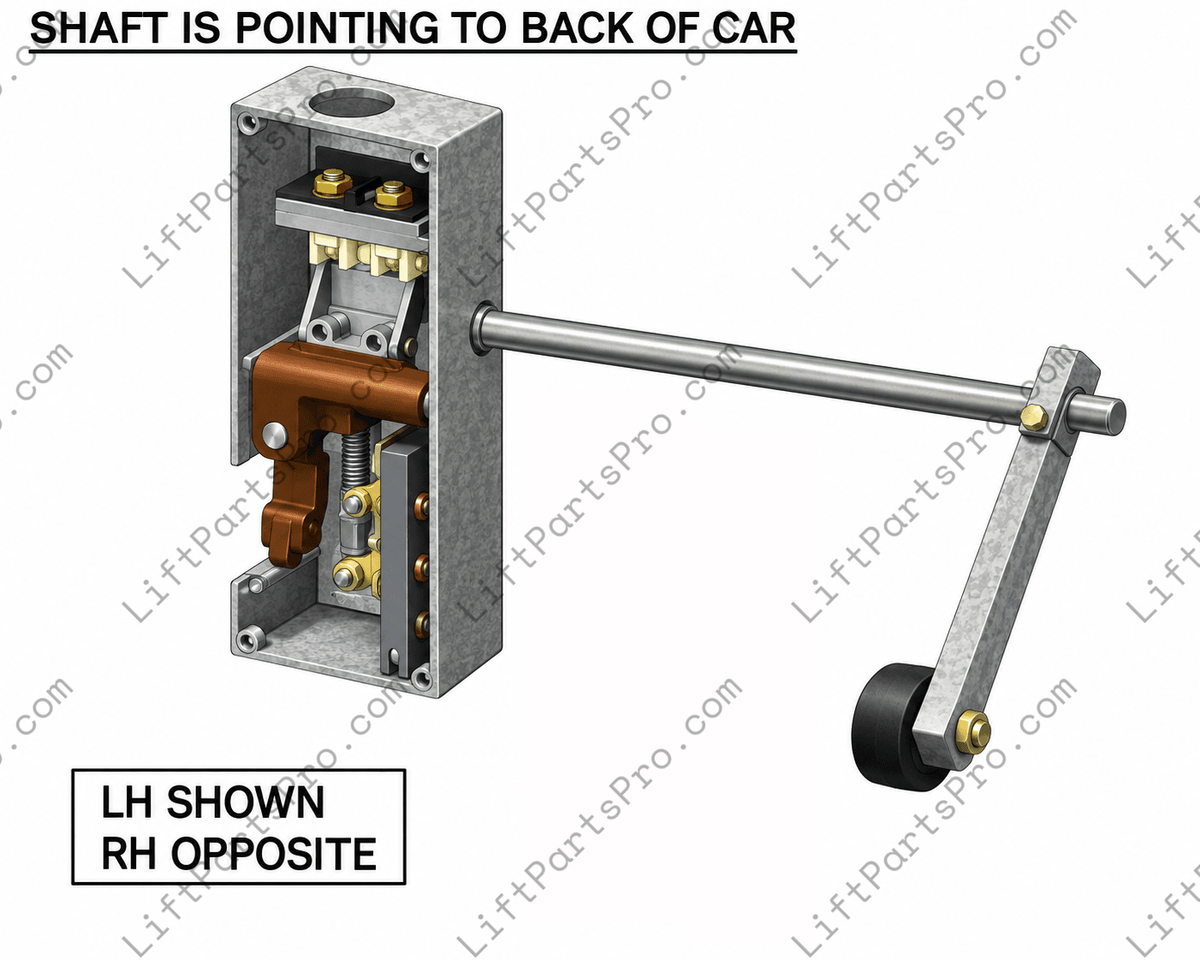 Drawing of GAL Type N Interlock with Shaft Pointing Towards the Back of the Elevator Cab