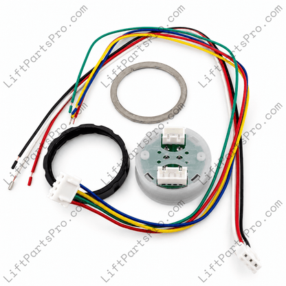 Reverse Side of a Garaventa Genesis Elevator Braille Call Button with Wire Harnesses, Metal Halo, and Threaded Ring