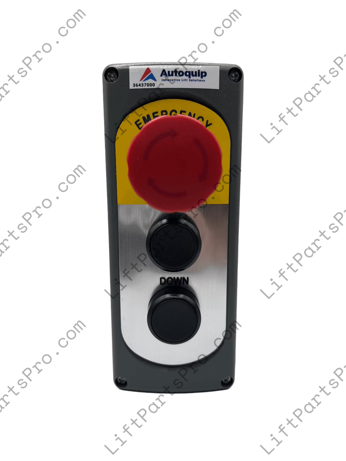 Control panel with red and black buttons on a white background, featuring the Autoquip logo.
