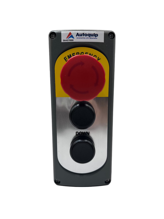 Control panel with red and black buttons on a white background, featuring the Autoquip logo.