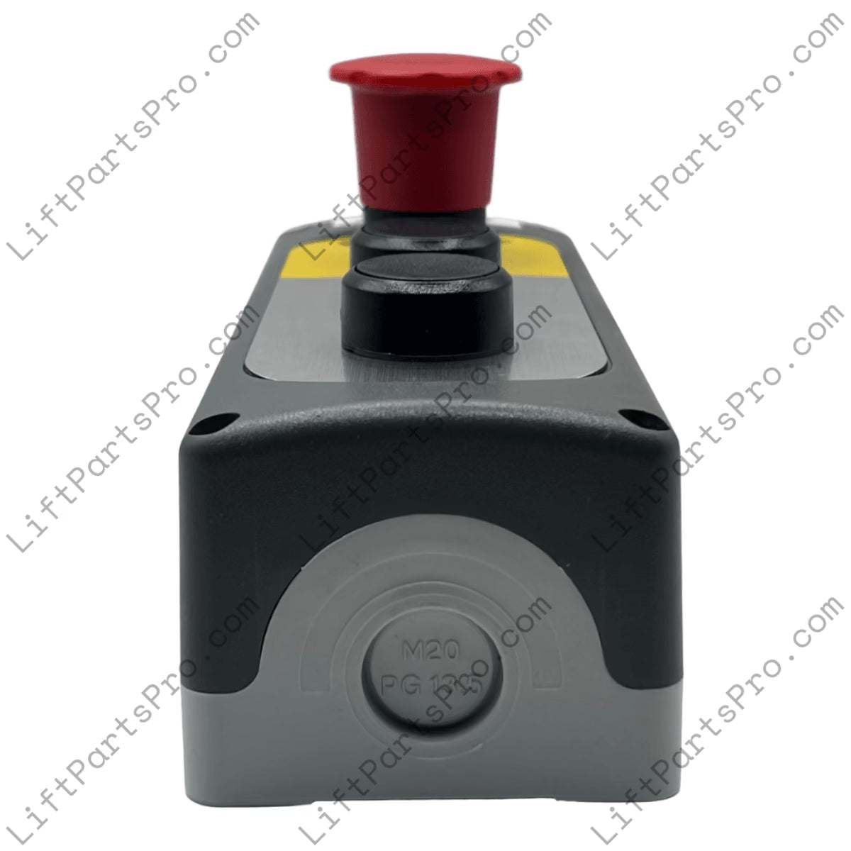Rectangular device with a red button on a gray background