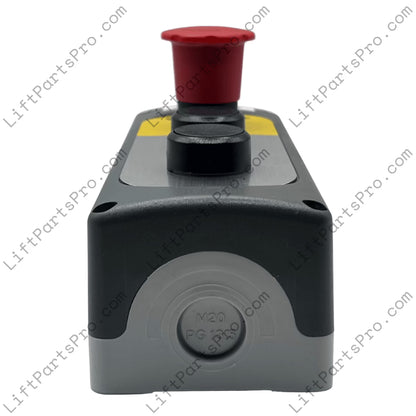 Rectangular device with a red button on a gray background