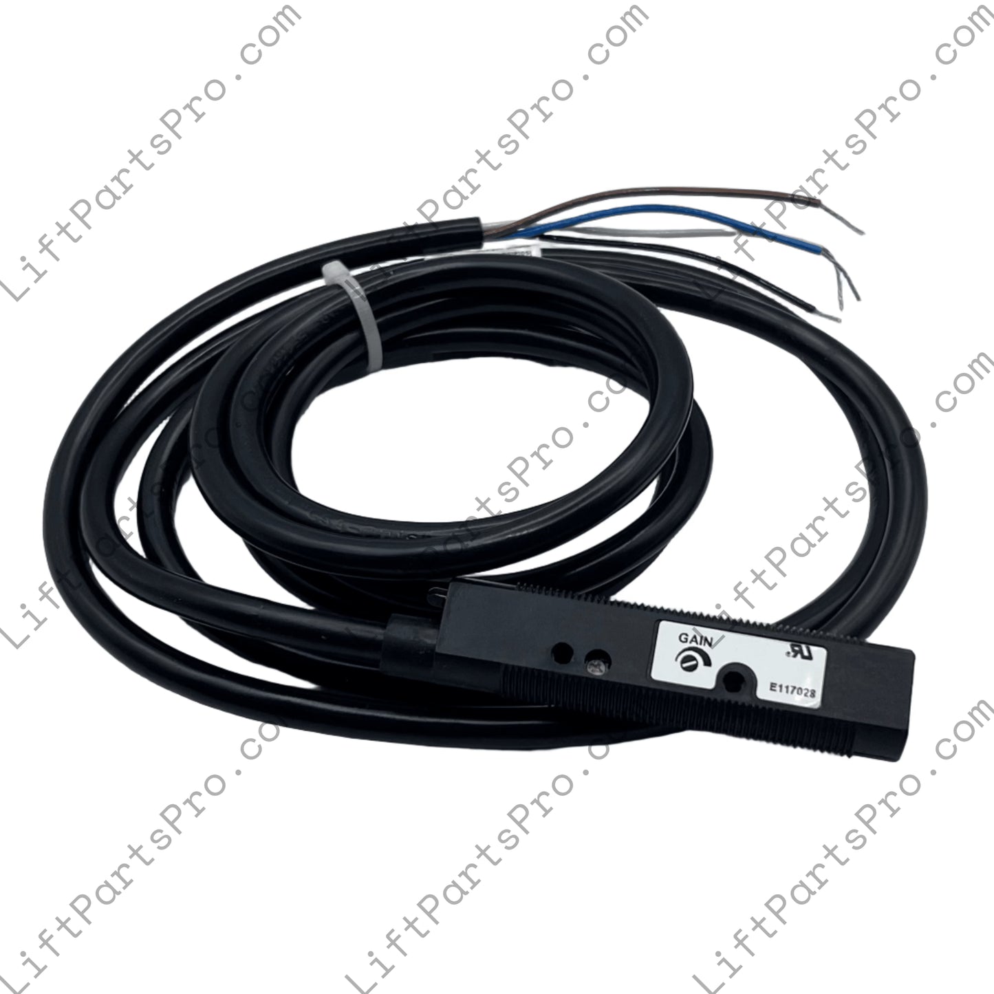 Black sensor with coiled cable on a light gray background