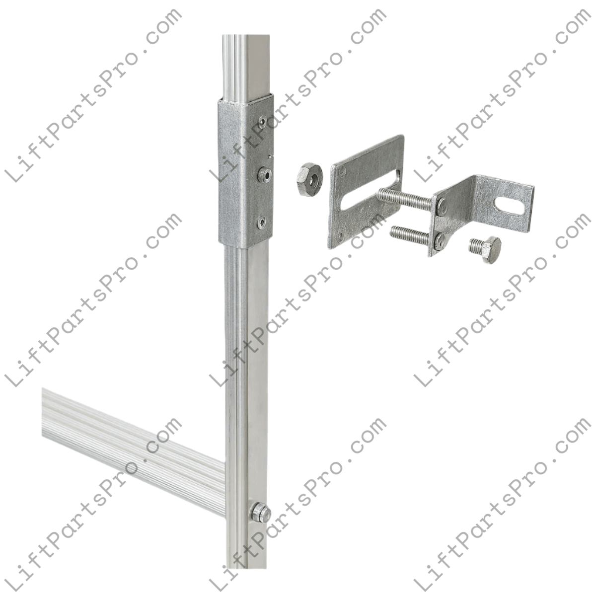 Metal bracket attached to a vertical metal rod on a white background