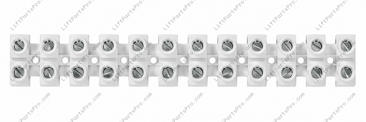 Top-down view of 12-position terminal strip barrier block replacing legacy RV1311 in compatible National Wheel-O-Vator (NWOV) wheelchair lifts and accessibility lift systems.