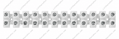Top-down view of 12-position terminal strip barrier block replacing legacy RV1311 in compatible National Wheel-O-Vator (NWOV) wheelchair lifts and accessibility lift systems.