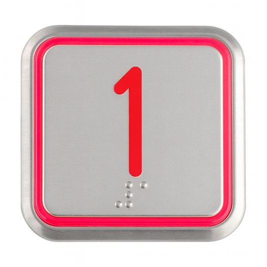 Square COP Button for National Wheel-O-Vator Evolution Lifts, 2.25" x 2.25", Stainless Steel, Red Illumination, 24V AC/DC