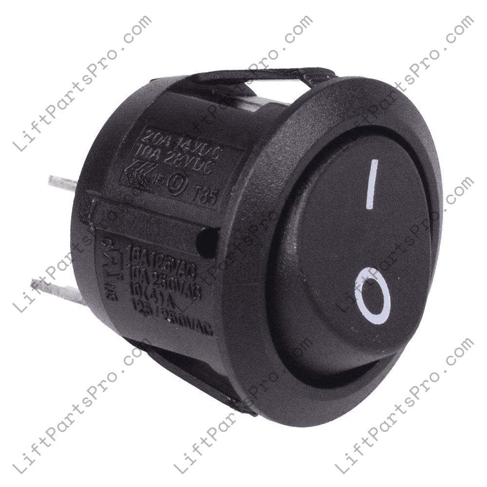 Replacement round ON/OFF rocker switch for the chassis and carriage power circuit on select Savaria K2 stairway lifts.