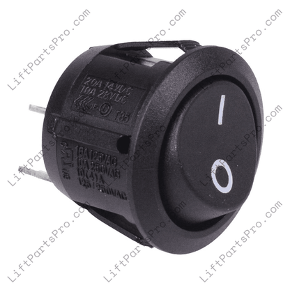 Replacement round ON/OFF rocker switch for the chassis and carriage power circuit on select Savaria K2 stairway lifts.